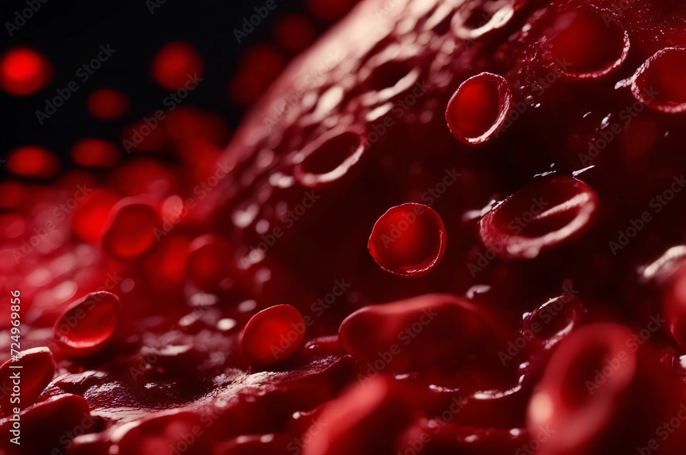 Red blood cells circulating in the blood vessels. Closeup of erythrocytes in a macro. Red blood cells in the body Red blood cells circulating in the blood vessels. Closeup of erythrocytes in a macro. Red blood cells in the body