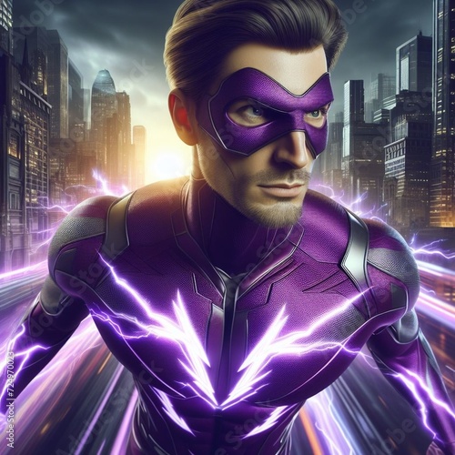 Realistic superhero speedster in the purple costume in action