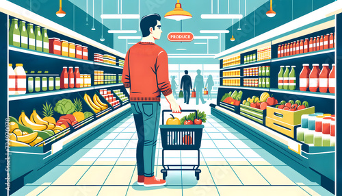 an illustration set in a supermarket. It depicts a man from behind, pushing a shopping cart and browsing the produce section,  for retail marketing materials, lifestyle articles photo