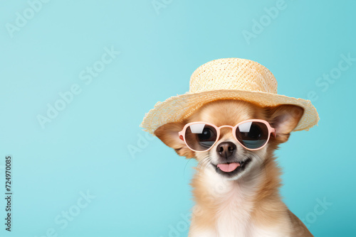 Small dog with summer straw hat and sunglasses on blue studio background with copy space © Firn