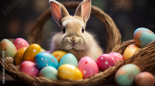 Easter Bunny Nestled in a Floral Haven  Surrounded by a Spectrum of Hand-Painted Eggs   a Picture of Spring s Joy