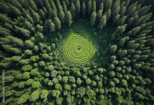 Human impact on forest biodiversity - A top-down view of a forest with a human fingerprint in the center, showcasing the effects of deforestation.