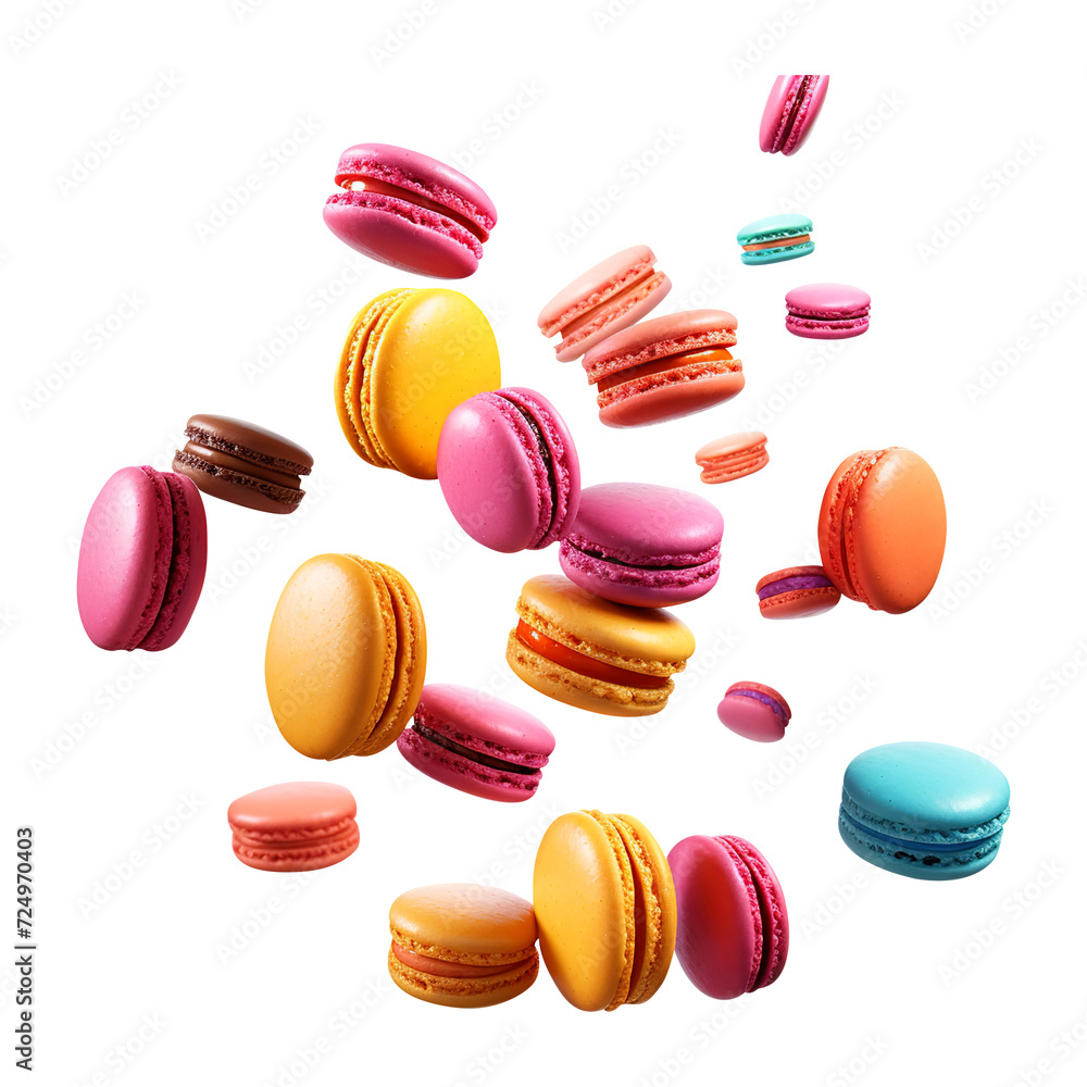 Various colorful of macarons floating on the air Isolated on transparent background Various colorful of macarons floating on the air Isolated on transparent background