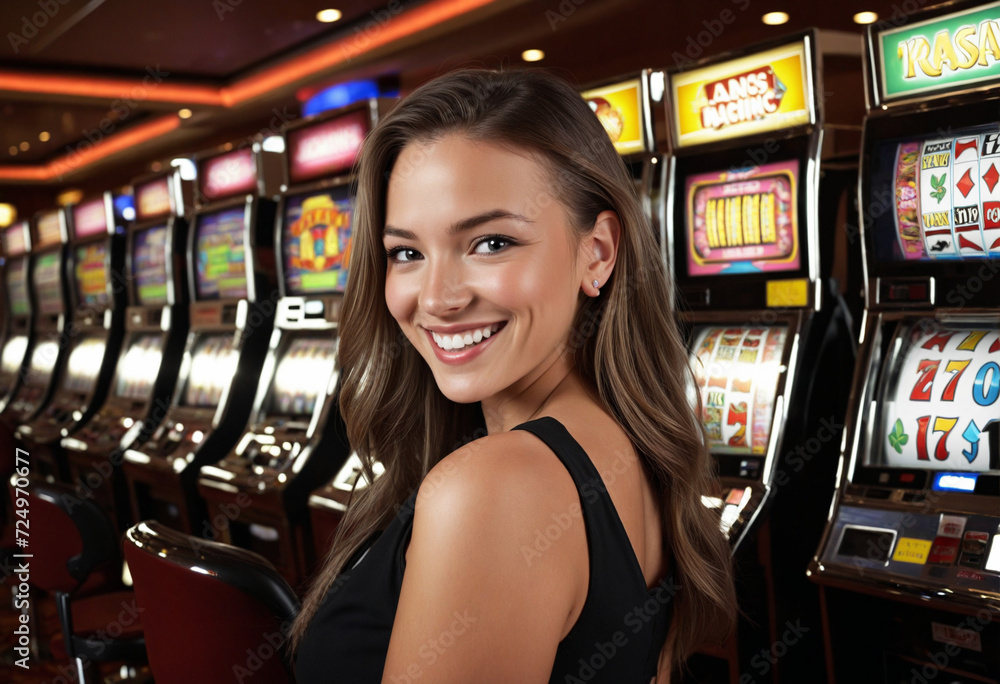 Naklejka premium Joyful woman grinning beside gaming machines in a casino. Decorative technology.