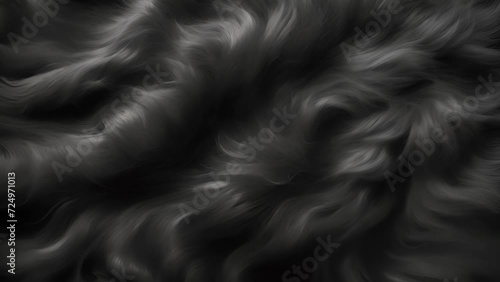 Black fur background texture moving 4k. Smooth soft black color furry, fluffy and hairy artificial sheep skin plush fur wool rug texture cloth knitted coarse background moving photo