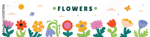 Horizontal illustration with stylized thick naive flowers. Summer doodle landscape.