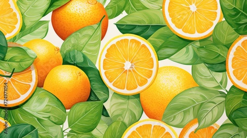 a background of citrus tree leaves and small cross sections of grapefruits and oranges, stylized like an acrylic painting, kids book, white background --ar 16:9 photo