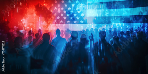 American flag and election vote silhouette composition. Describe the 2024 US election situation and results. Basemap and background concept. Double exposure hologram. photo