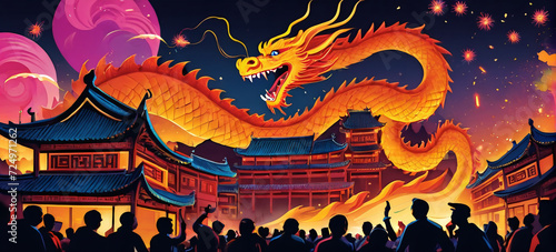 Generative AI illustration of Lunar New Year Celebration Chinese Dragon over the crowd year of the dragon