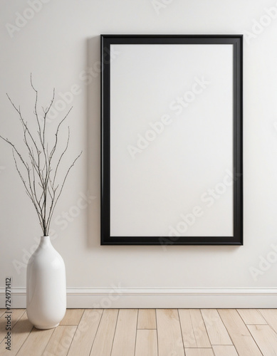 Minimalist Vertical Black Poster Frame on Light Wooden Floor Against White Wall
