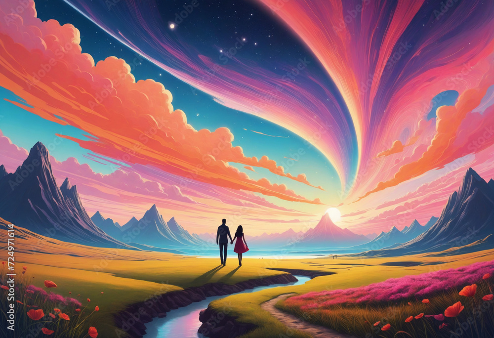 Romantic pair strolling through dreamlike scenery. Man and woman gazing at vibrant horizon. Cosmic affection and emotional connection in fantastic setting. Romantic pair strolling through dreamlike scenery. Man and woman gazing at vibrant horizon. Cosmic affection and emotional connection in fantastic setting.