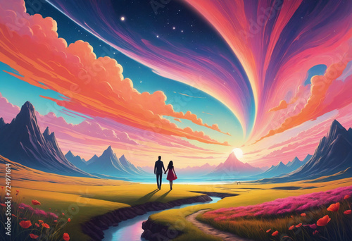 Romantic pair strolling through dreamlike scenery. Man and woman gazing at vibrant horizon. Cosmic affection and emotional connection in fantastic setting. © SR07XC3