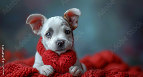 Adorable white puppy in red scarf on knit blanket. French bulldog puppy © Iona
