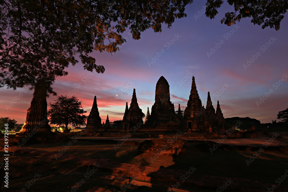 Scenic sunset view at Wat Chaiwatthanaram temple. Phra Nakhon Si Ayutthaya Province, Thailand 