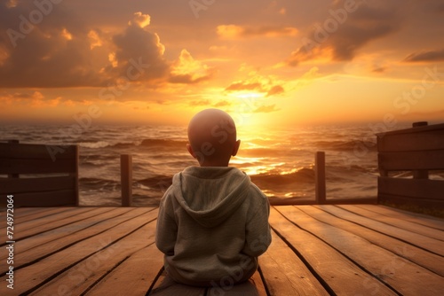 Child sitting on his back with cancer sitting on a dock watching the sea and the sunset.