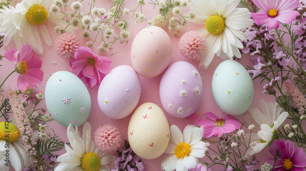 A flat lay of Easter eggs decorated in pastel colors surrounded by spring flowers.