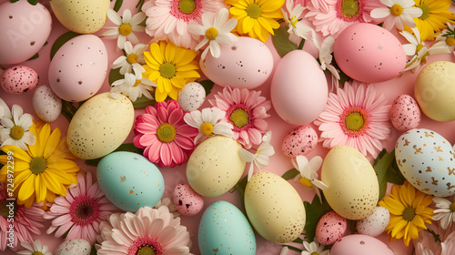 A flat lay of Easter eggs decorated in pastel colors surrounded by spring flowers.