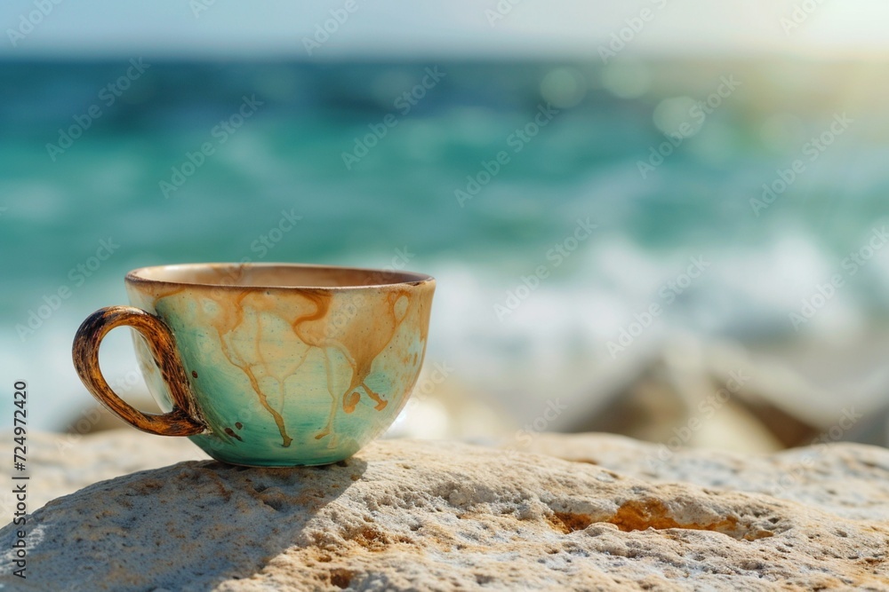An artisanal, hand-painted coffee cup, resting on a smooth boulder at the beach, with the ocean blurred in the background. An artisanal, hand-painted coffee cup, resting on a smooth boulder at the beach, with the ocean blurred in the background.