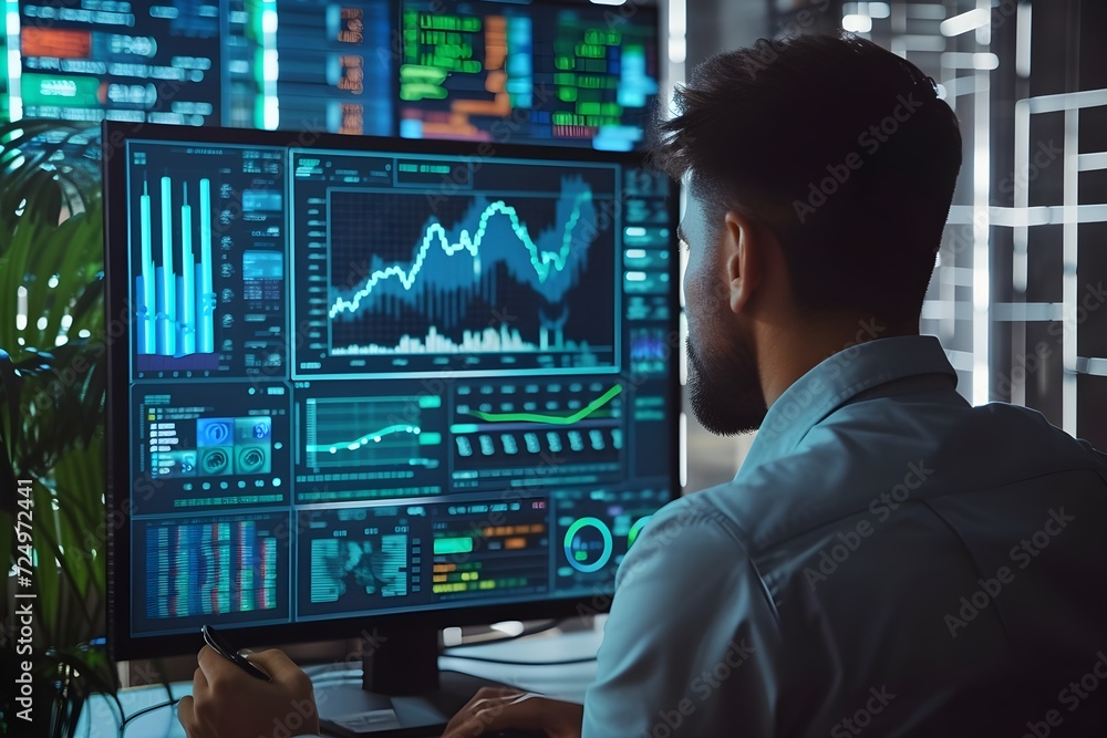 businessman at work in front of screen with financial data charts on it, in the style of futuristic organic businessman at work in front of screen with financial data charts on it, in the style of futuristic organic