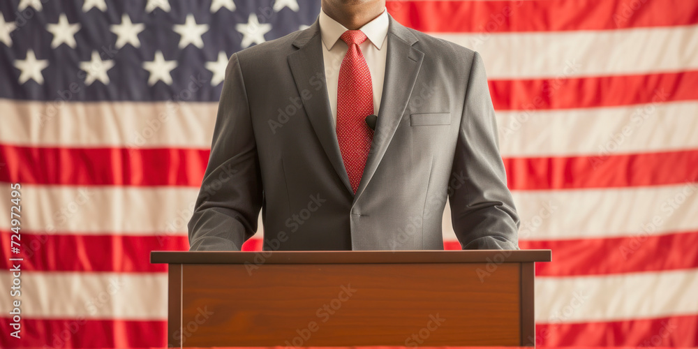 Obraz premium Businessman or politician making speech from behind the pulpit with USA flag on background.
