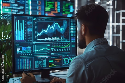 businessman at work in front of screen with financial data charts on it, in the style of futuristic organic