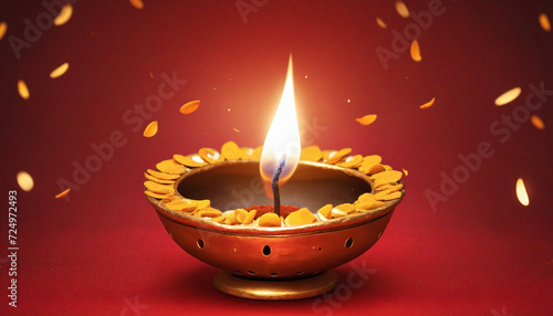 Festive Diya Lamp with Bokeh Lights and Happy Thaipusam Greeting on Red Background
