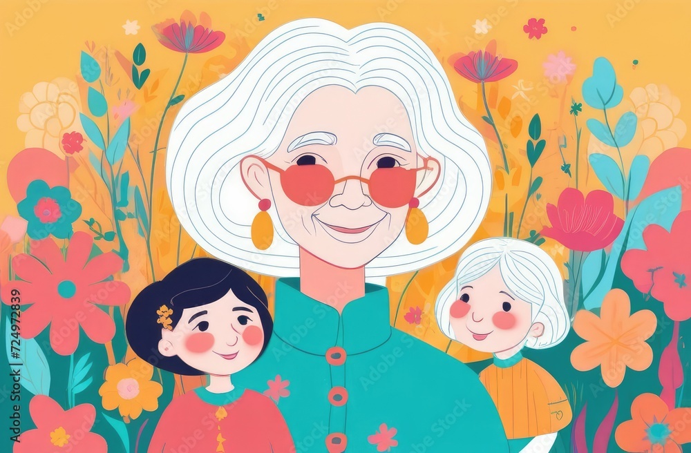 Happy grandmother hugs her granddaughters. Love of grandmother and grandchildren. Happy Grandma's Day. Women's Day, March 8 Happy grandmother hugs her granddaughters. Love of grandmother and grandchildren. Happy Grandma's Day. Women's Day, March 8