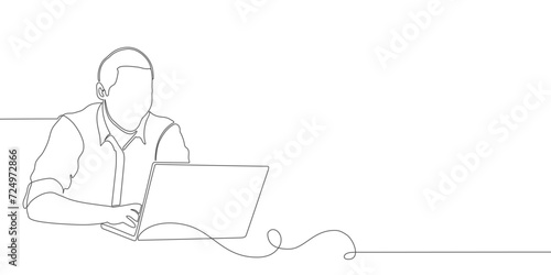 man working with laptop line art style vector illustration. One continous line editable vector eps
