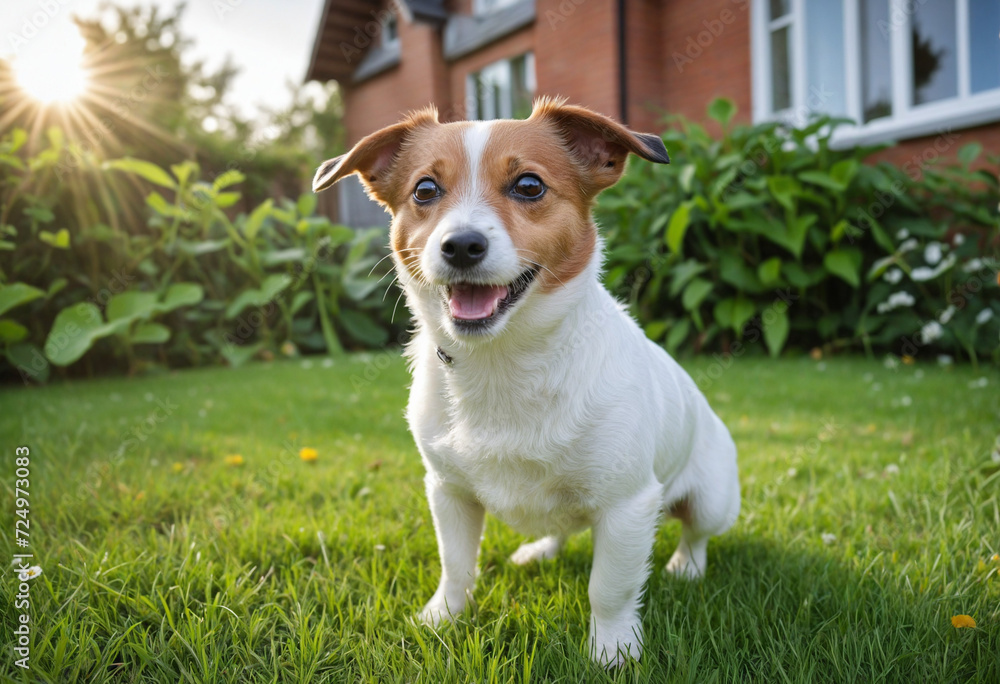 Adorable little pup playing in the yard beside a cozy home on a sunny summer day. Energetic pet enjoying the outdoors. Sweet portrait of a Jack Russell terrier. Adorable little pup playing in the yard beside a cozy home on a sunny summer day. Energetic pet enjoying the outdoors. Sweet portrait of a Jack Russell terrier.
