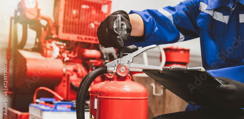 Konstfotografi Engineer check fire suppression system,check fire extinguisher tank in the fire