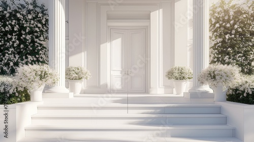 A striking white entrance door surrounded by geometric steps and white potted flowers exudes modern charm. © lililia