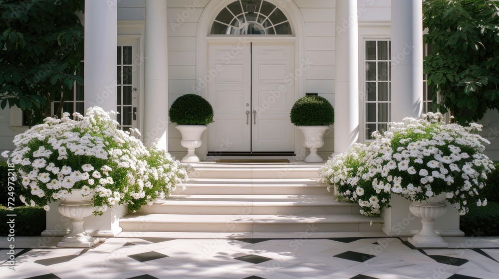 A striking white entrance door surrounded by geometric steps and white potted flowers exudes modern charm.