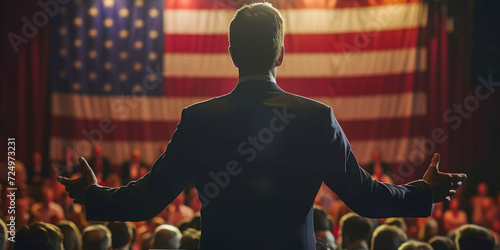 Businessman or politician making speech from behind the pulpit with USA flag on background. photo