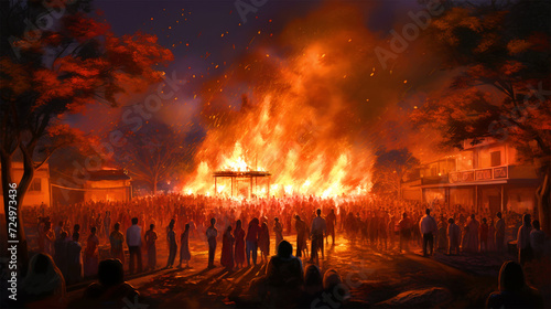 People celebrating Holika Dahan with bonfire - ai generative