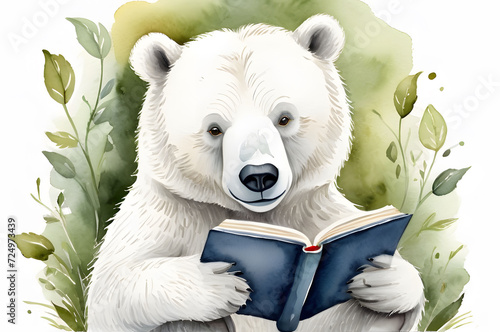 Watercolor illustration of a white bear reading a book