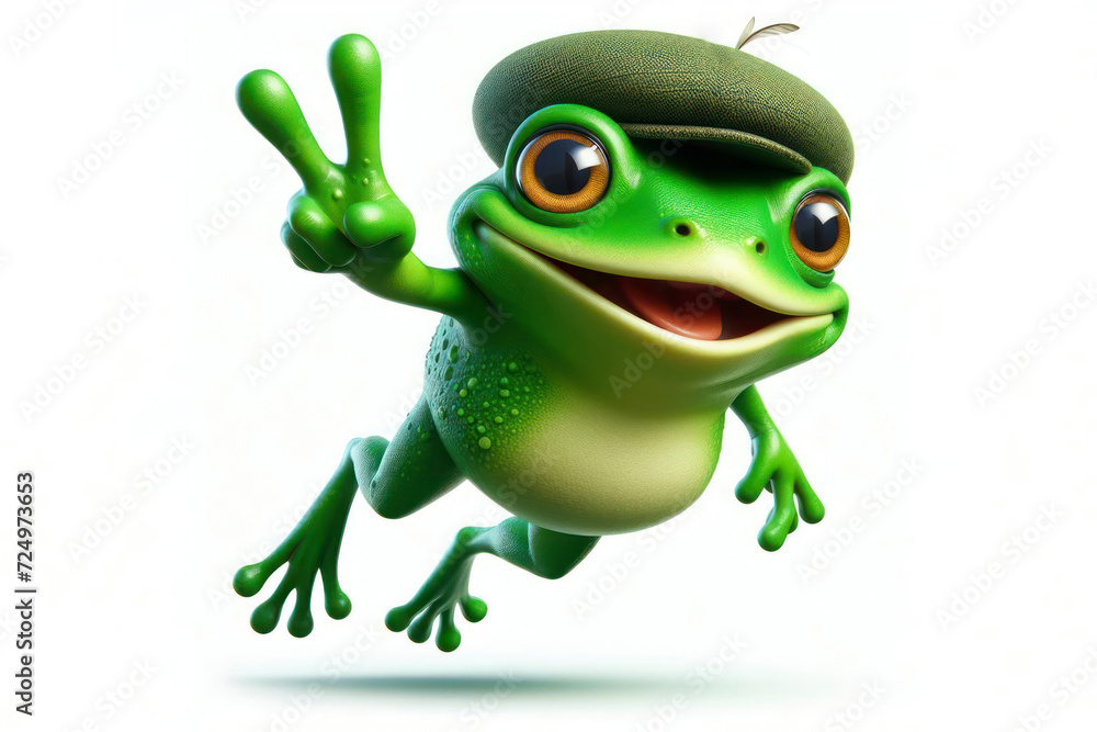A funny green toad with bulging big eyes and a smile jumps in flight on solid white background. ai generative A funny green toad with bulging big eyes and a smile jumps in flight on solid white background. ai generative