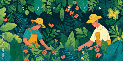 Gardener, garden and gardening. Vector colorful illustration of people man and woman working in the garden in the beds for background, banner or poster