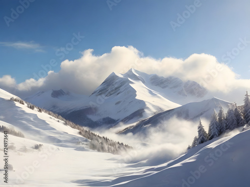 Mountain, Sunny Winter Mountain Landscape with Blowing Snow