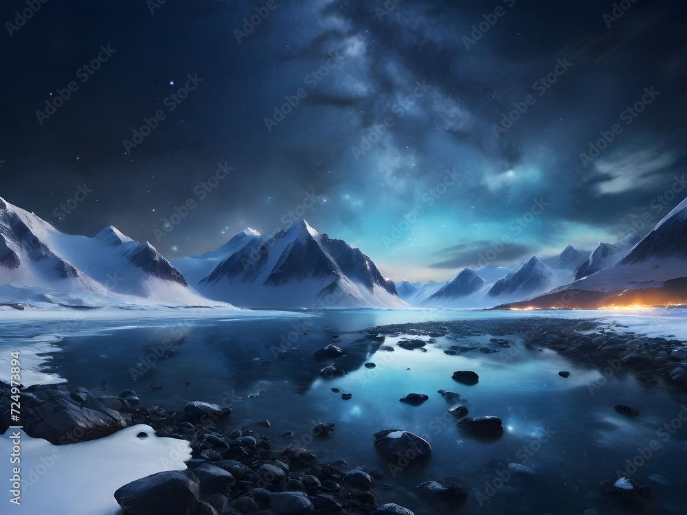 Milky Way above frozen sea coast and snow covered mountains in winter at night in Islands. Arctic landscape with blue starry sky, water, ice, snowy rocks, milky way. Space and galaxy