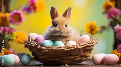 Easter Bunny in a Bed of Flowers, Hosting a Collection of Handcrafted Eggs—a Whimsical Display of Springtime Delight © Mujahid