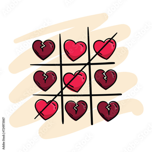 Tic-tac-toe game with pink hearts and broken hearts