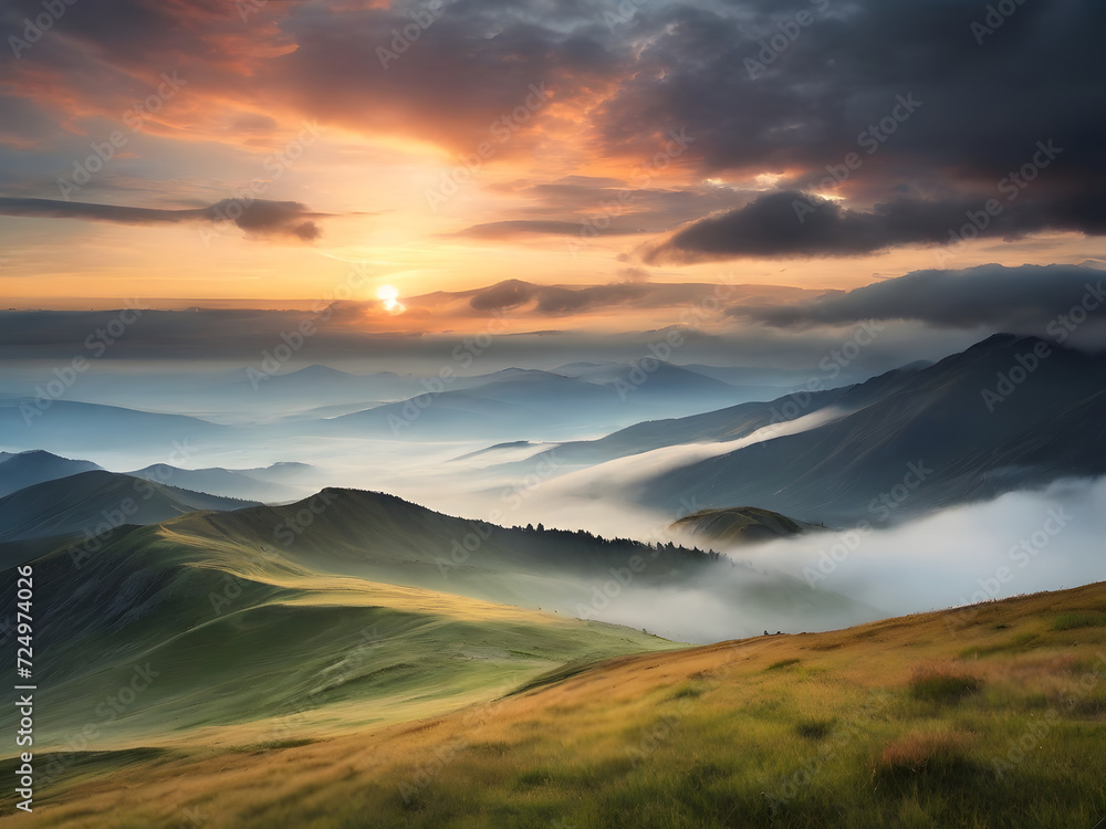 Mountains, Foggy sunset or dawn in the mountains covered with grass and cloudy dramatic sky. Mountain landscape