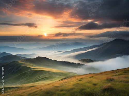 Mountains, Foggy sunset or dawn in the mountains covered with grass and cloudy dramatic sky. Mountain landscape