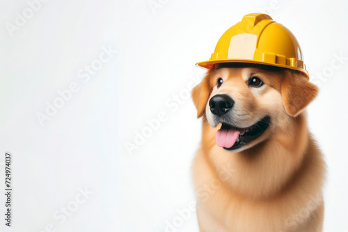 full body Engineer dog wear yellow helm isolated on solid white background. ai generative