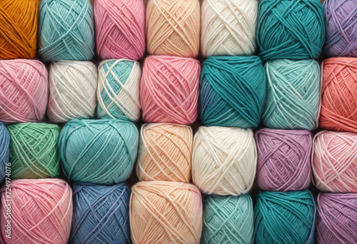 Colorful Yarn Balls on Soft Pastel Abstract Background