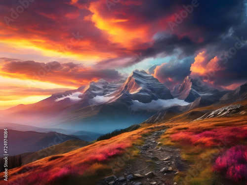 Mountain landscape with colorful vivid sunset on the cloudy sky, natural outdoor travel background. Beauty world.