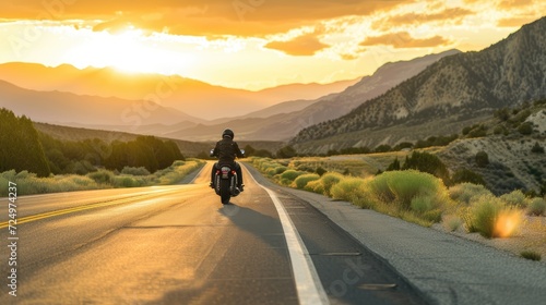 motorbike on the road riding, having fun driving the empty road on a motorcycle tour journey, copyspace for your individual text.