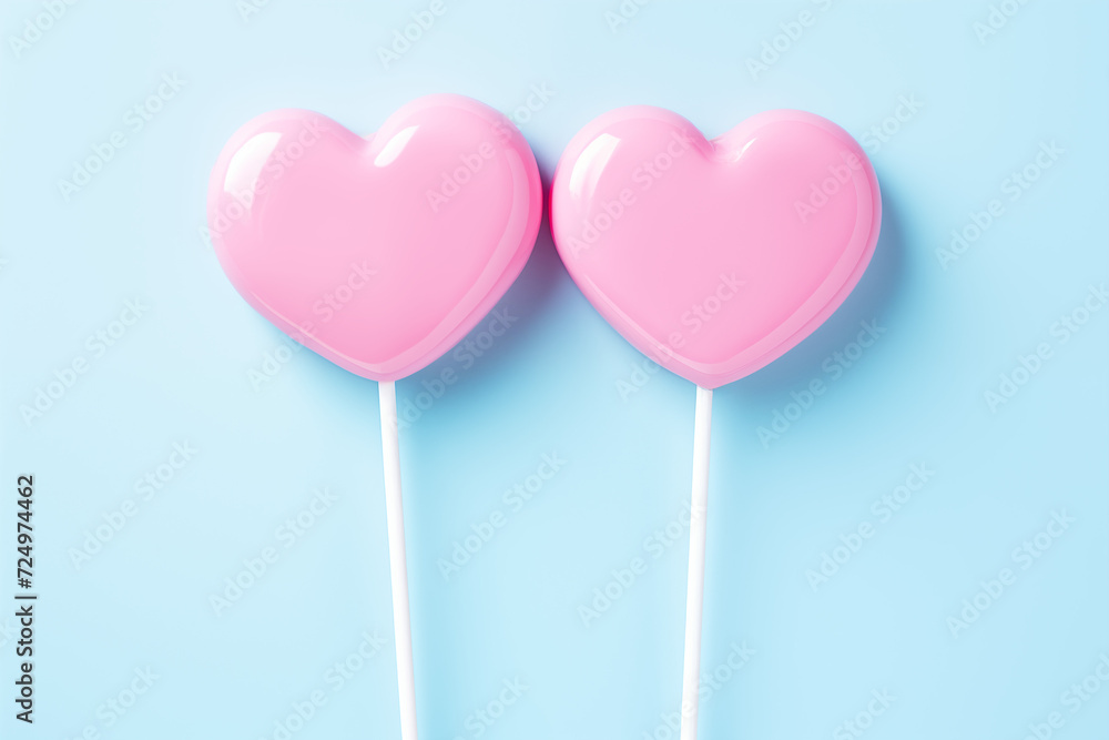 Two vibrant pink, heart-shaped lollipops against a soft blue background. Concept for Valentines Day, love, and romance promotions or greeting cards.