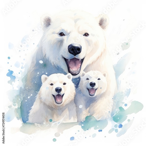 Watercolor illustration of a family of polar bears on a white background. © nafanya241