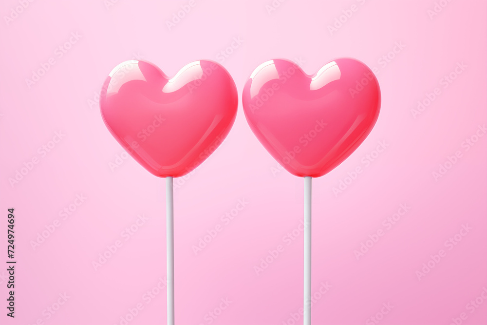 Two vibrant pink, heart-shaped lollipops against a soft pink background. Concept for Valentines Day, love, and romance promotions or greeting cards.